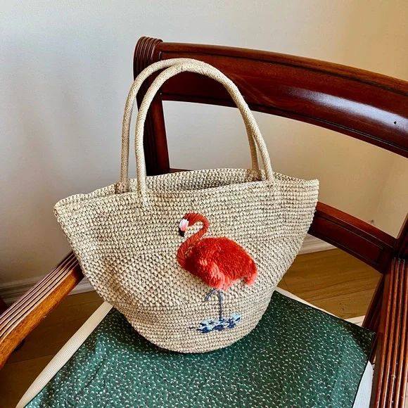 Embroidered Flamingo Raffia Tote - Handmade - Picture 6 of 15